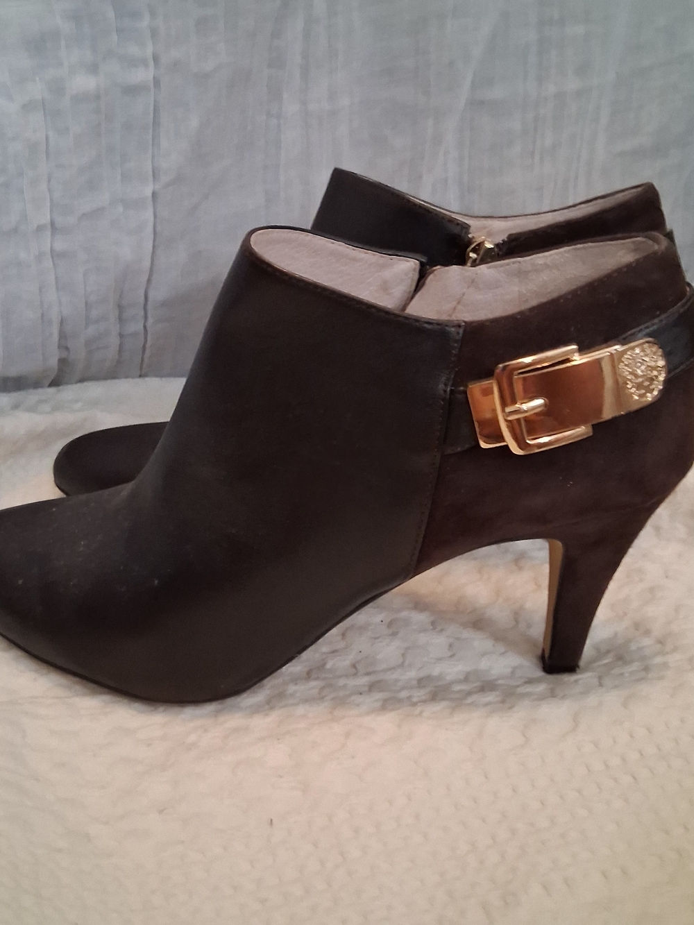 Classic Brown Leather And Suede Women's Ankle Boot with Gold Buckle